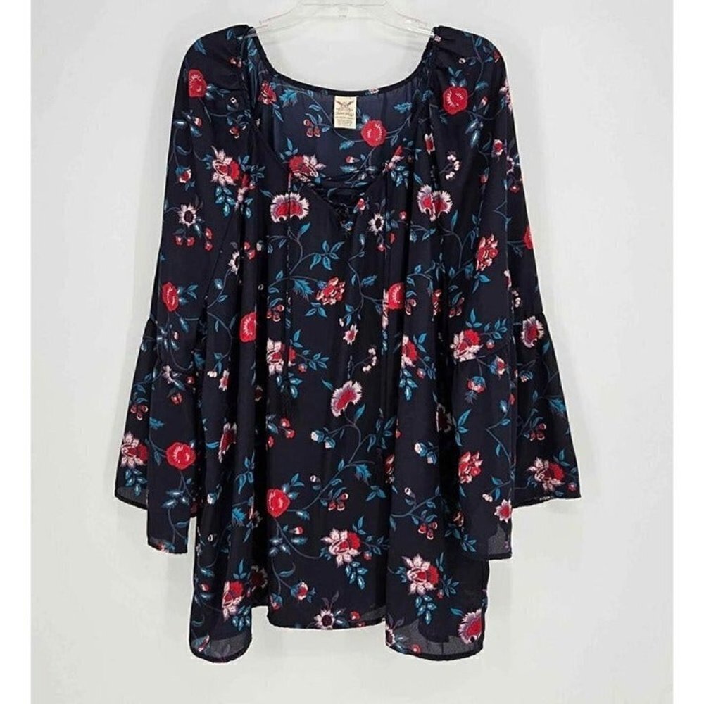 Faded Glory Boho Chic Flared Sleeve Blue Floral Glitter Lace Up Neck Top 3X